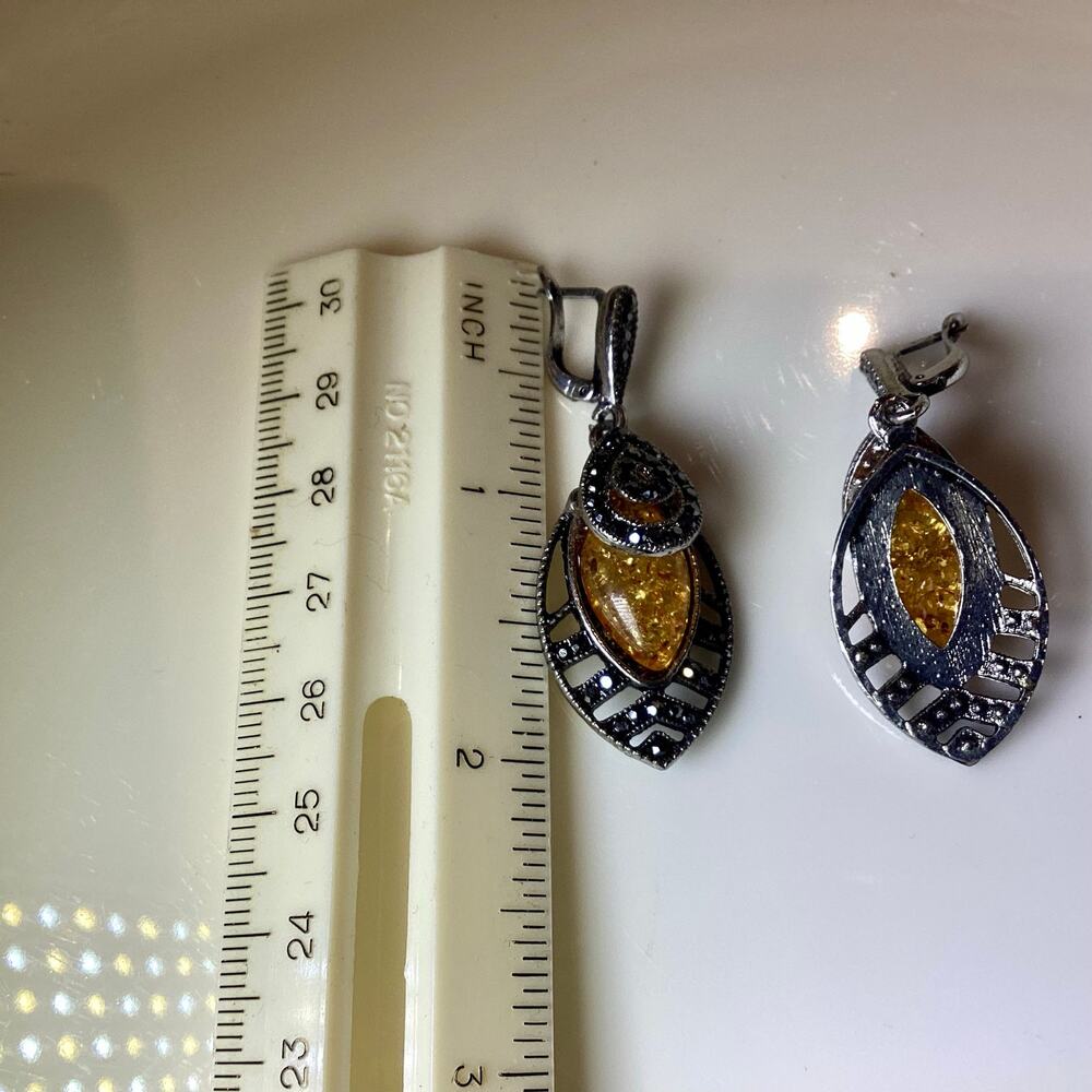 Amber Toned Stone and Dark Crystals Drop Earrings - Picture 8 of 8